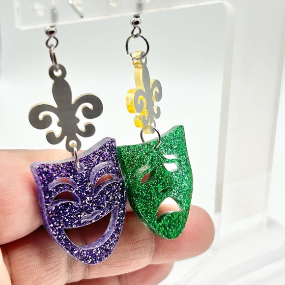 Mardi Gras Colorful Glitter Fleur-de-Lis and Mask Earrings Set of 2 - Picture 3 of 6